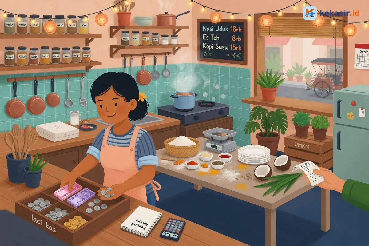 Ilustrasi pemilik kafe menghitung uang di laci kas untuk refund pelanggan
