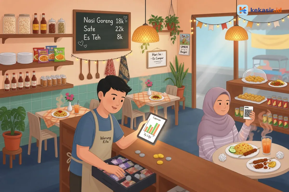 Ilustrasi owner restoran membandingkan laporan penjualan di tablet dengan uang di laci kas