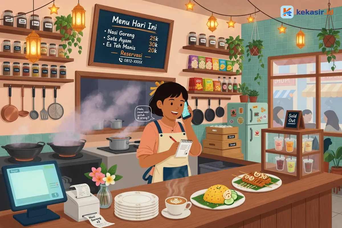 Ilustrasi pemilik cafe menerima pesanan reservasi via telepon di kasir