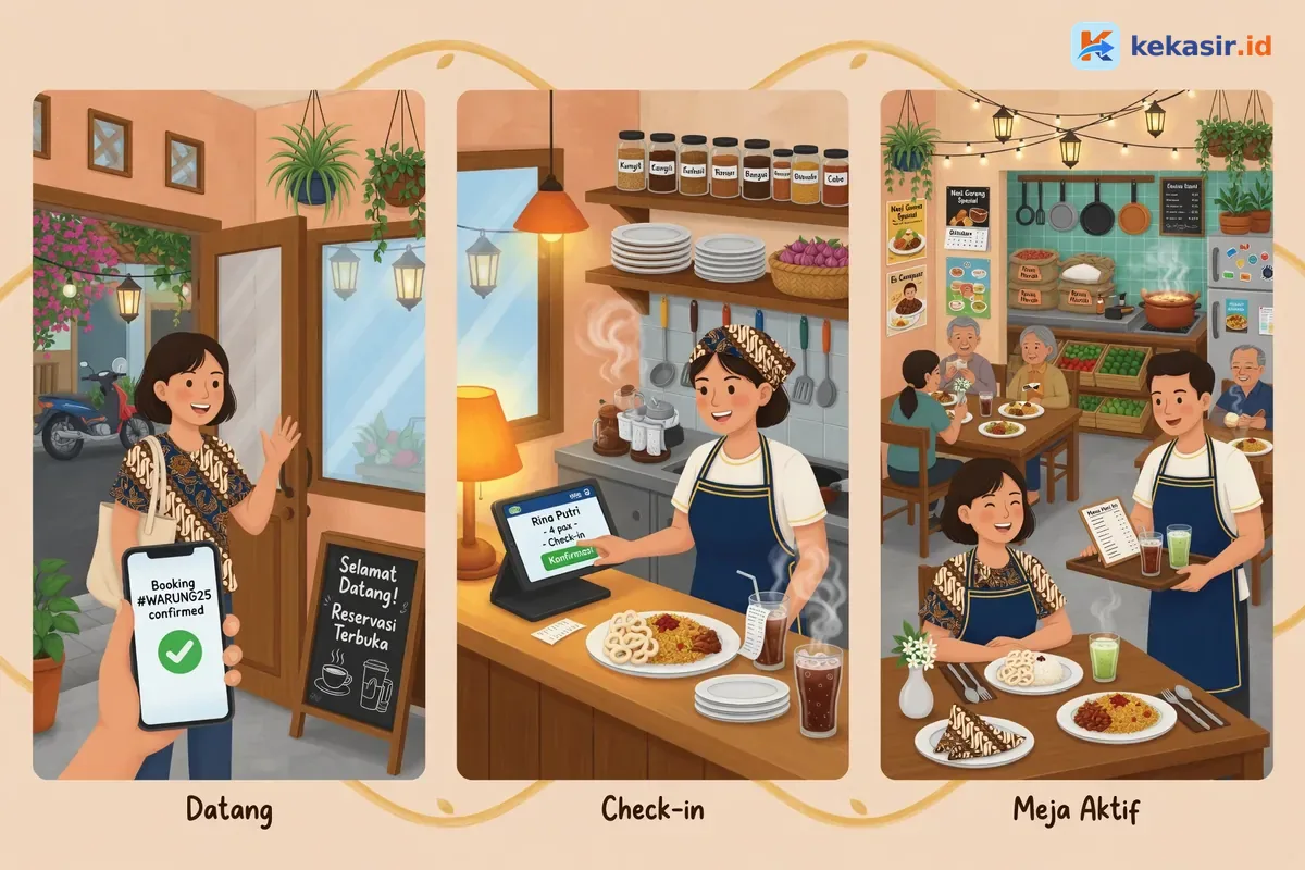 Diagram alur check-in reservasi meja ke sistem kasir