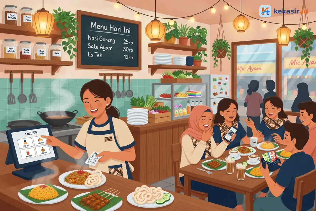 Ilustrasi kasir cafe membagi tagihan split bill untuk rombongan