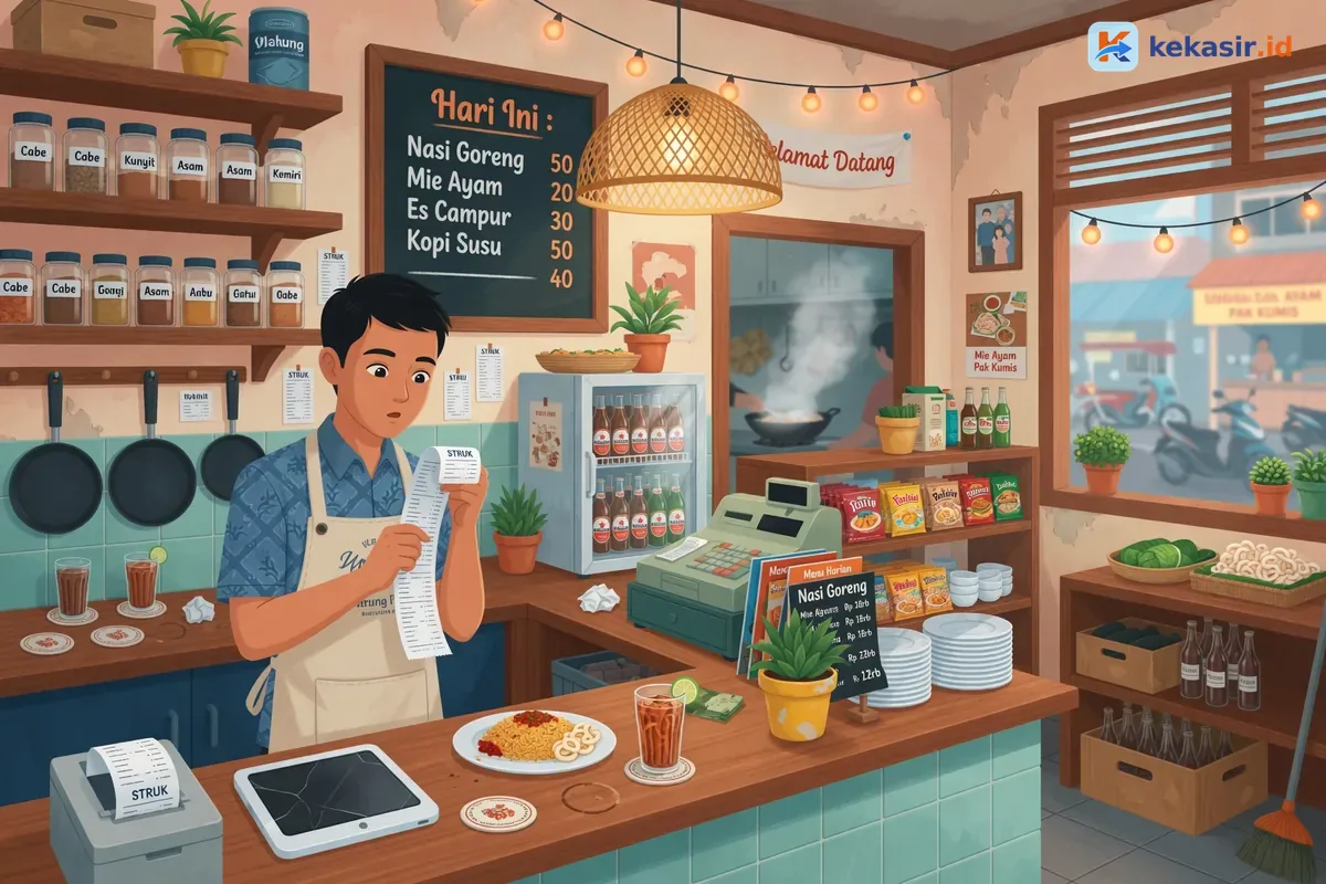 Ilustrasi pemilik restoran memeriksa struk thermal di meja kasir
