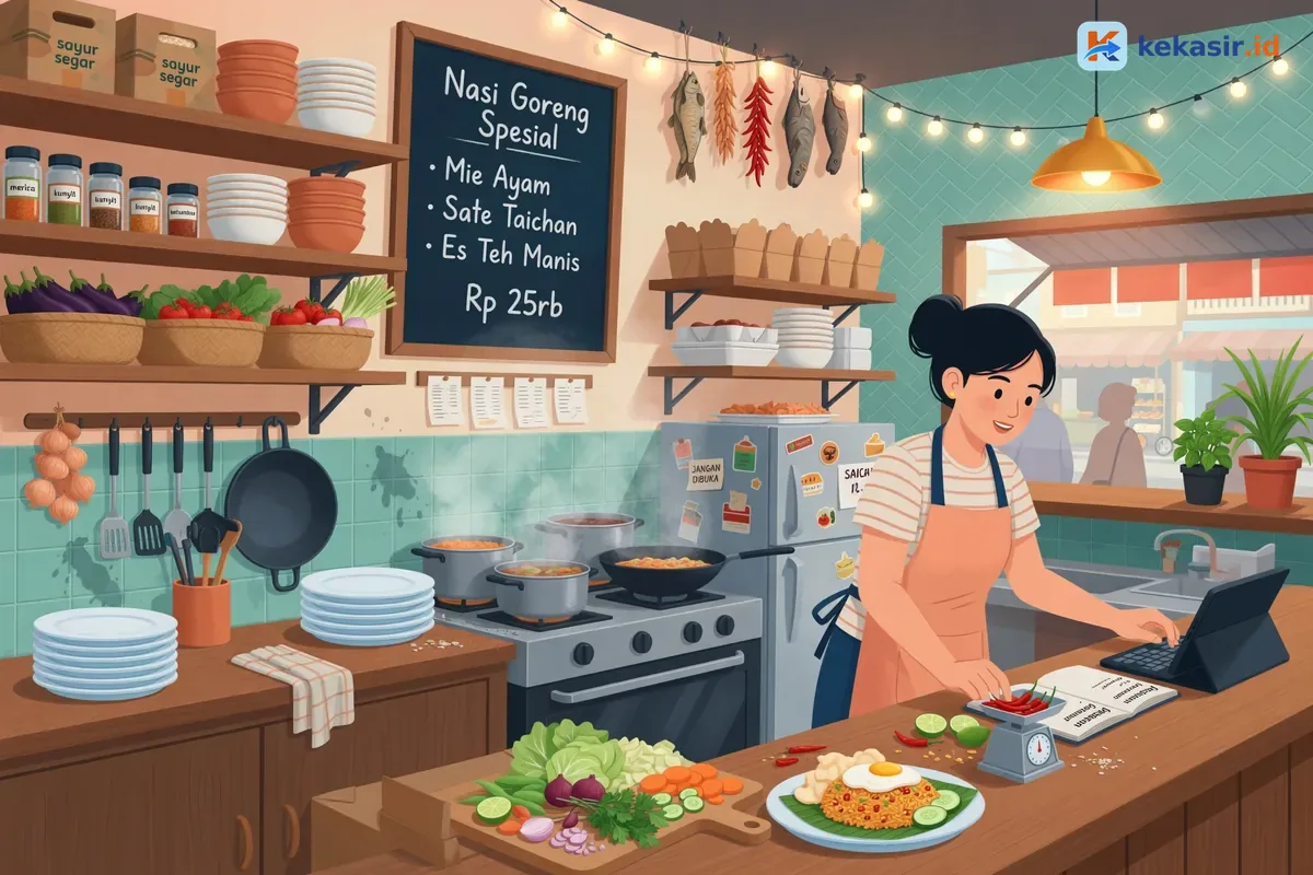 Ilustrasi kasir restoran sibuk melayani antrean pelanggan saat jam makan siang