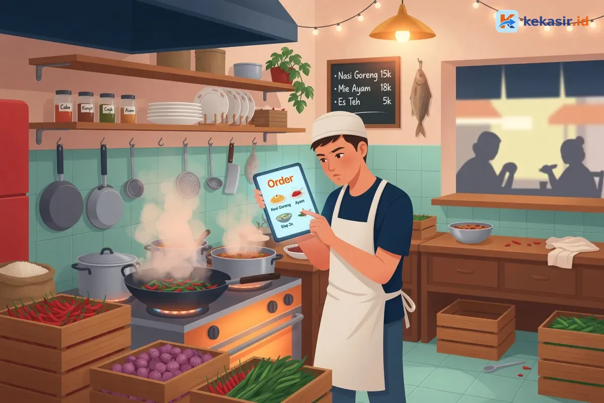 Ilustrasi dapur warung kecil dengan juru masak dan nota order di meja kerja