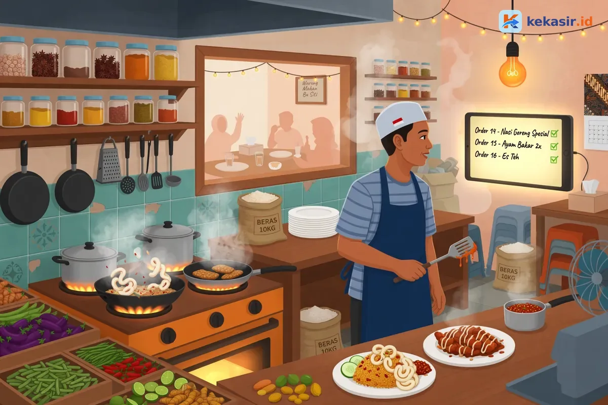 Juru masak melihat layar antrian order di dapur warung