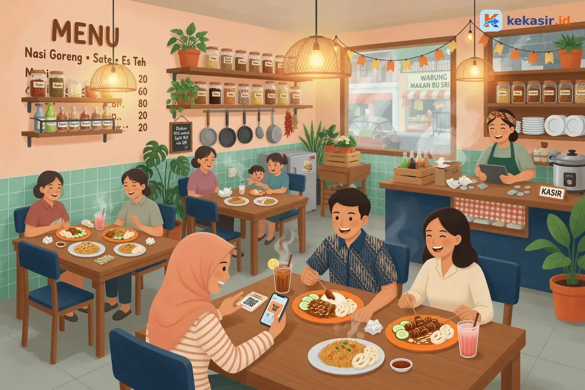 Ilustrasi rombongan di restoran menunggu kasir memisahkan tagihan