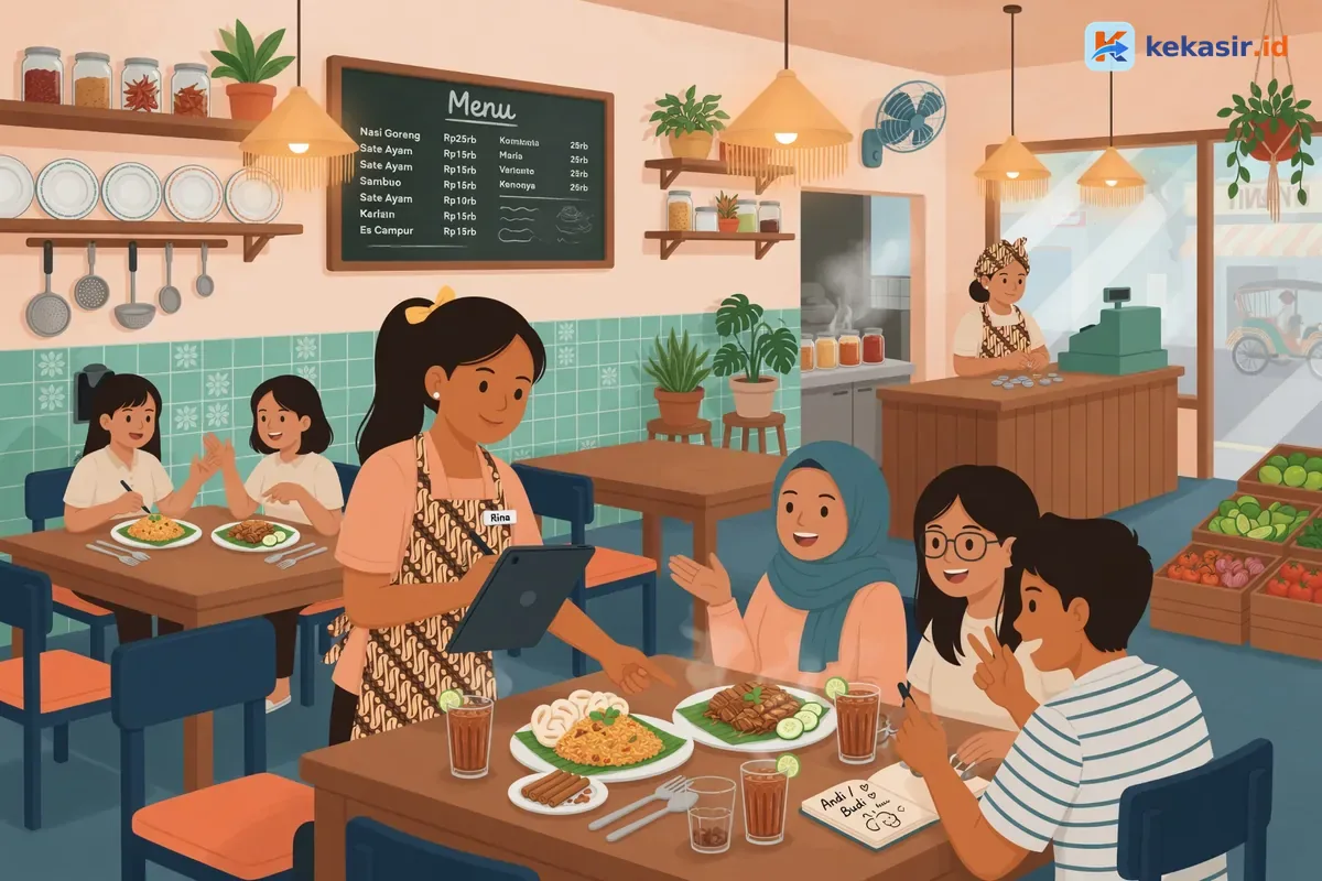 Pelayan restoran mencatat pesanan rombongan per orang di tablet kasir