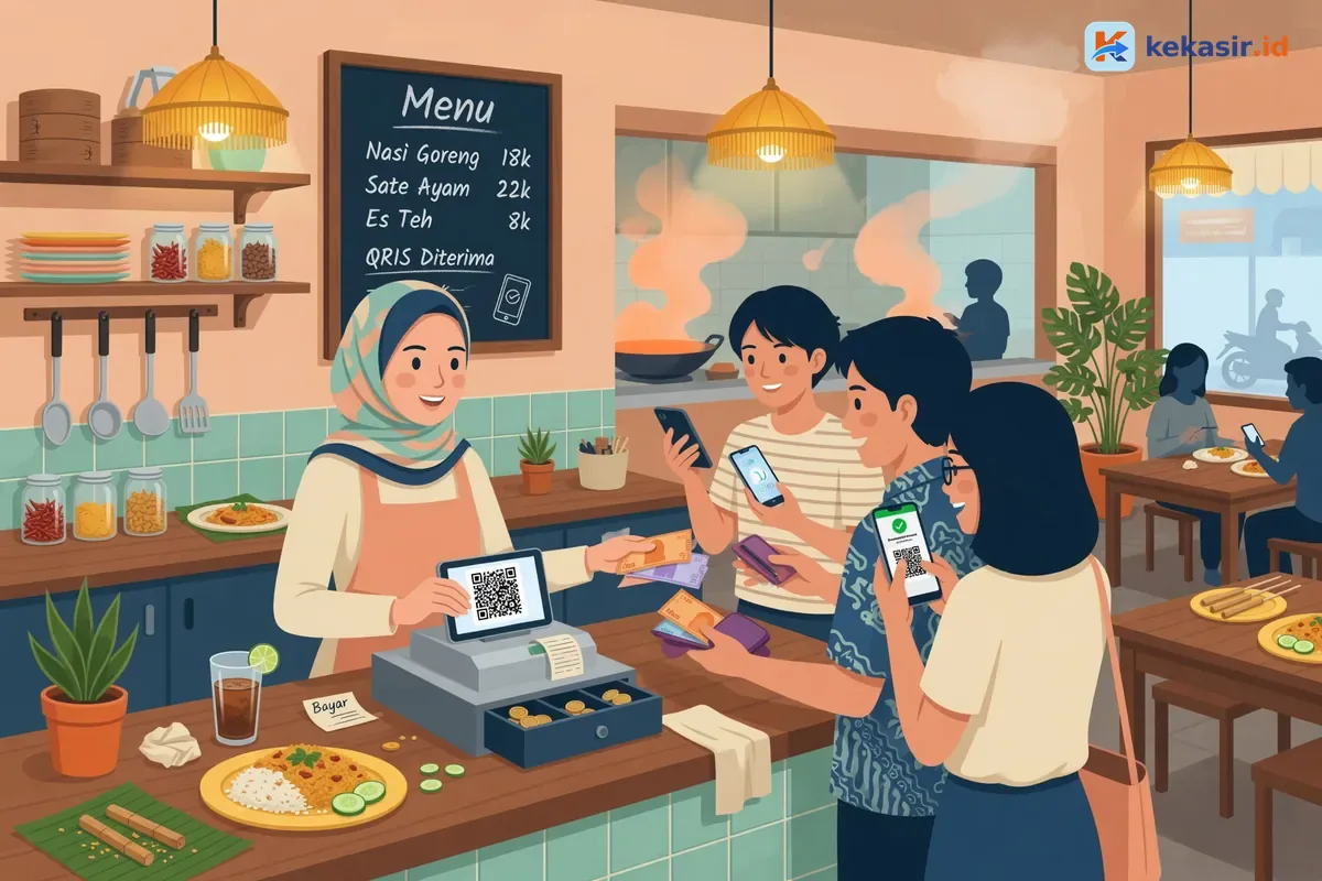 Kasir restoran menerima pembayaran campur tunai dan QRIS dari tamu rombongan