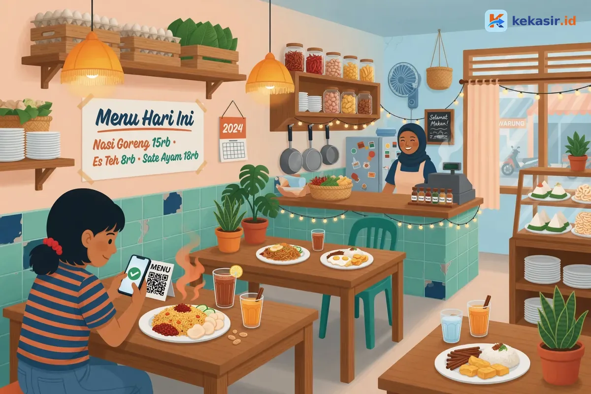 Ilustrasi pemilik warung menata meja dan papan menu di depan warung sepi