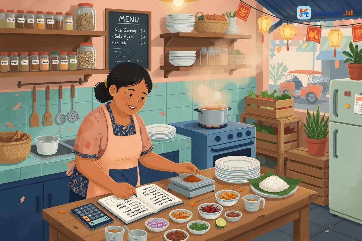Ilustrasi pemilik warung menghitung bahan dan menandai menu di buku resep dapur