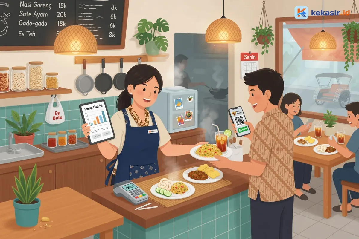 Ilustrasi kasir warung meninjau rekap penjualan di tablet sambil melayani pelanggan