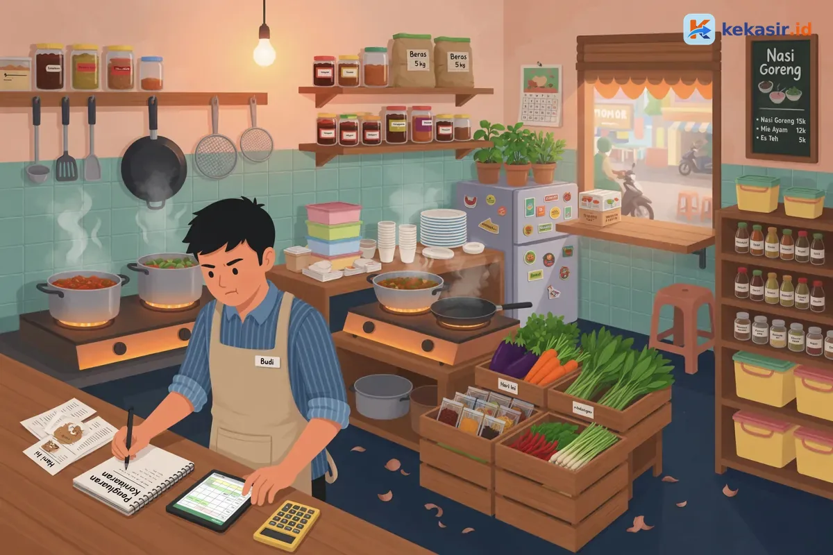 Ilustrasi pemilik booth kontainer mencatat pengeluaran harian di dapur
