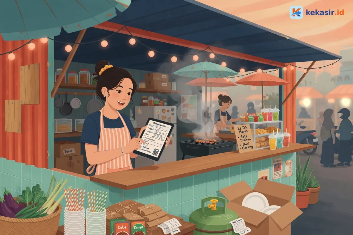 Suasana pegawai booth kontainer menginput transaksi pengeluaran bahan baku di tablet