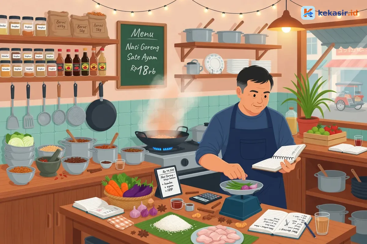 Ilustrasi pemilik restoran menghitung bahan dan catatan resep di dapur