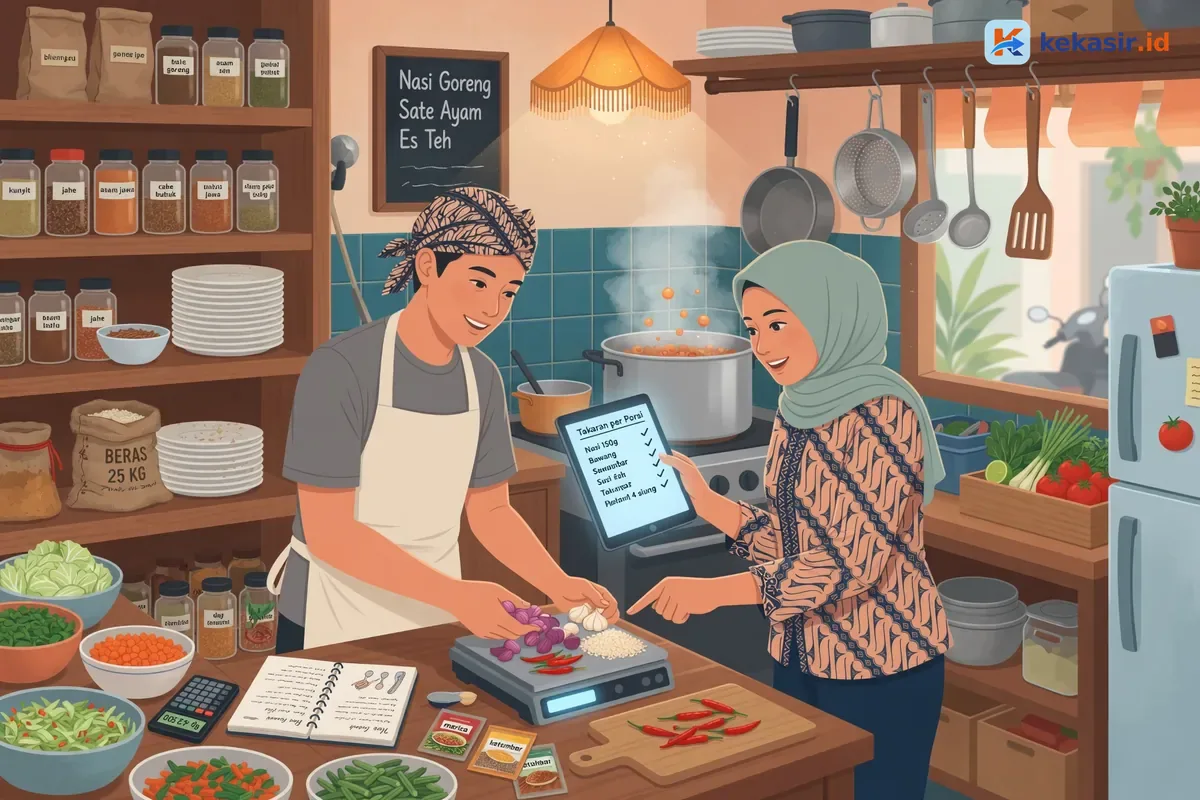 Ilustrasi koki dan owner restoran menyamakan takaran bahan di dapur dengan tablet kasir