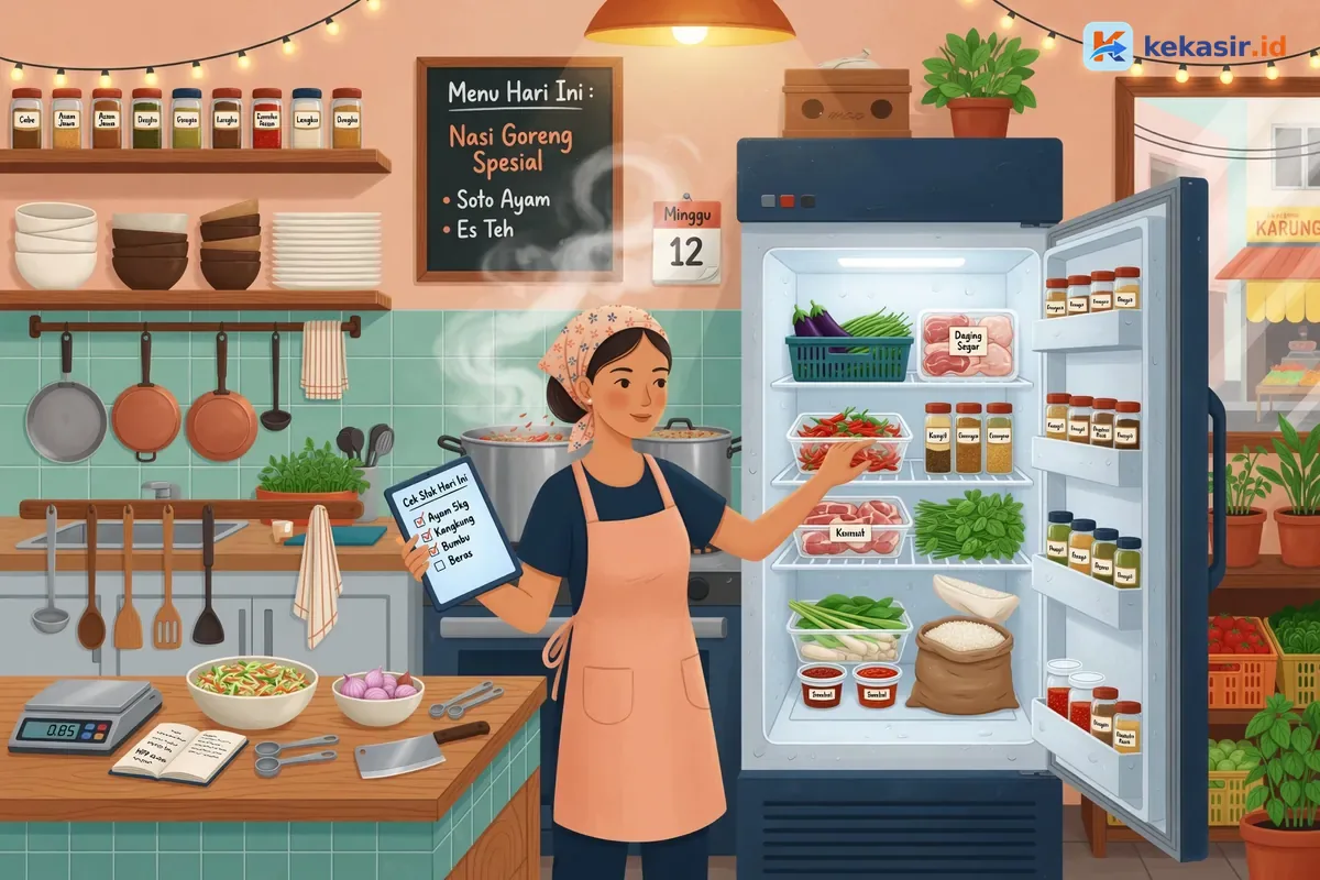 Ilustrasi staf dapur memeriksa stok bahan baku di kulkas restoran sambil memegang tablet