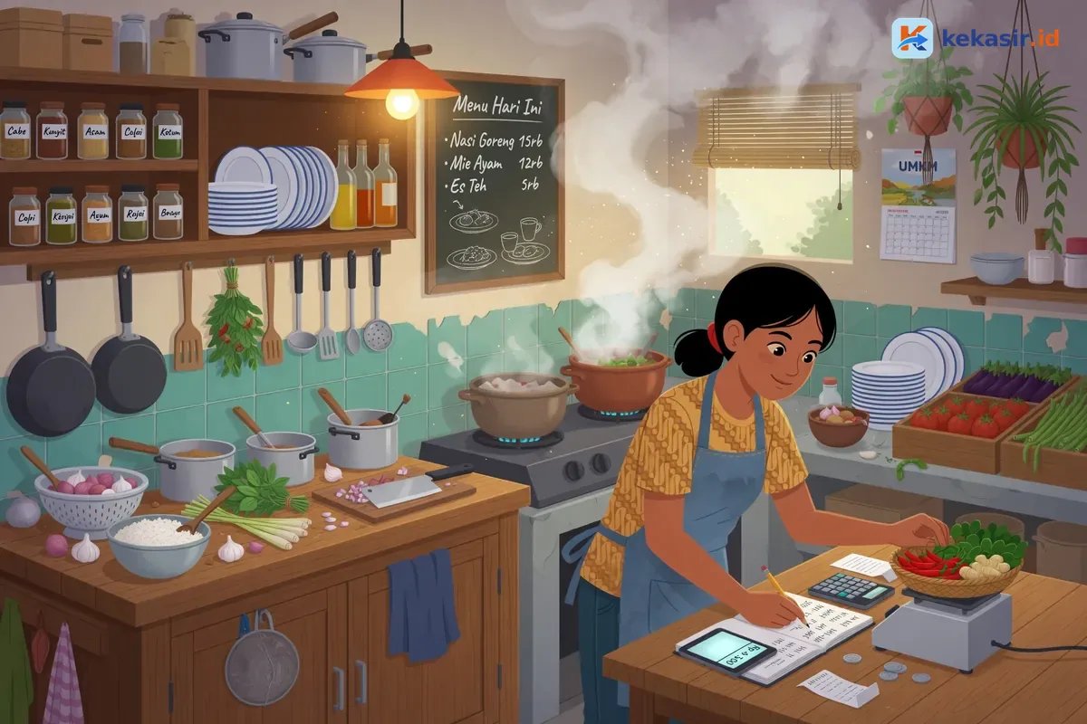 Ilustrasi pemilik warung menghitung bahan di dapur