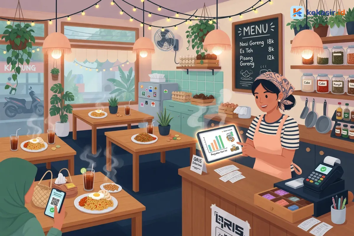 Ilustrasi pemilik usaha cek laporan penjualan di tablet