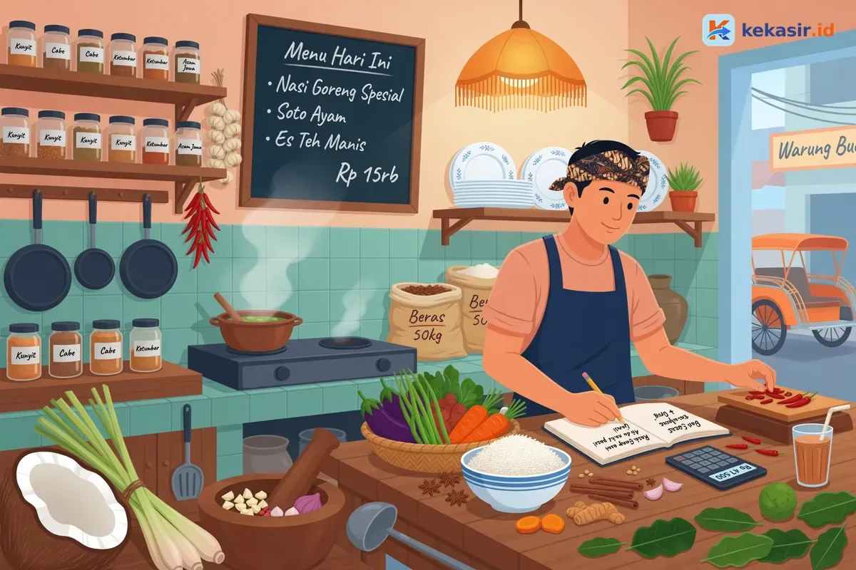 Ilustrasi pemilik warung menghitung bahan dan resep di dapur