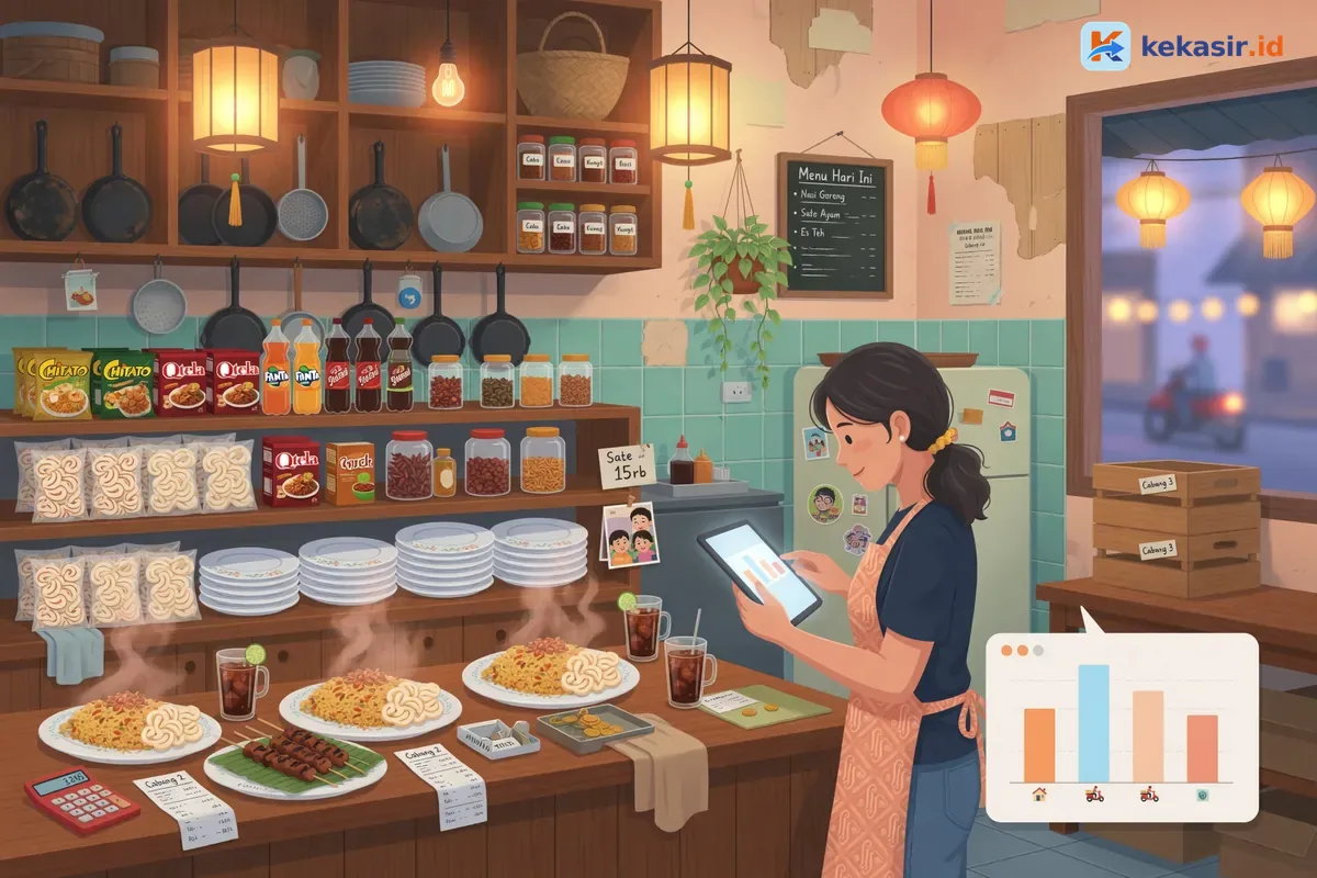 Ilustrasi pemilik usaha memantau laporan multi cabang dari laptop
