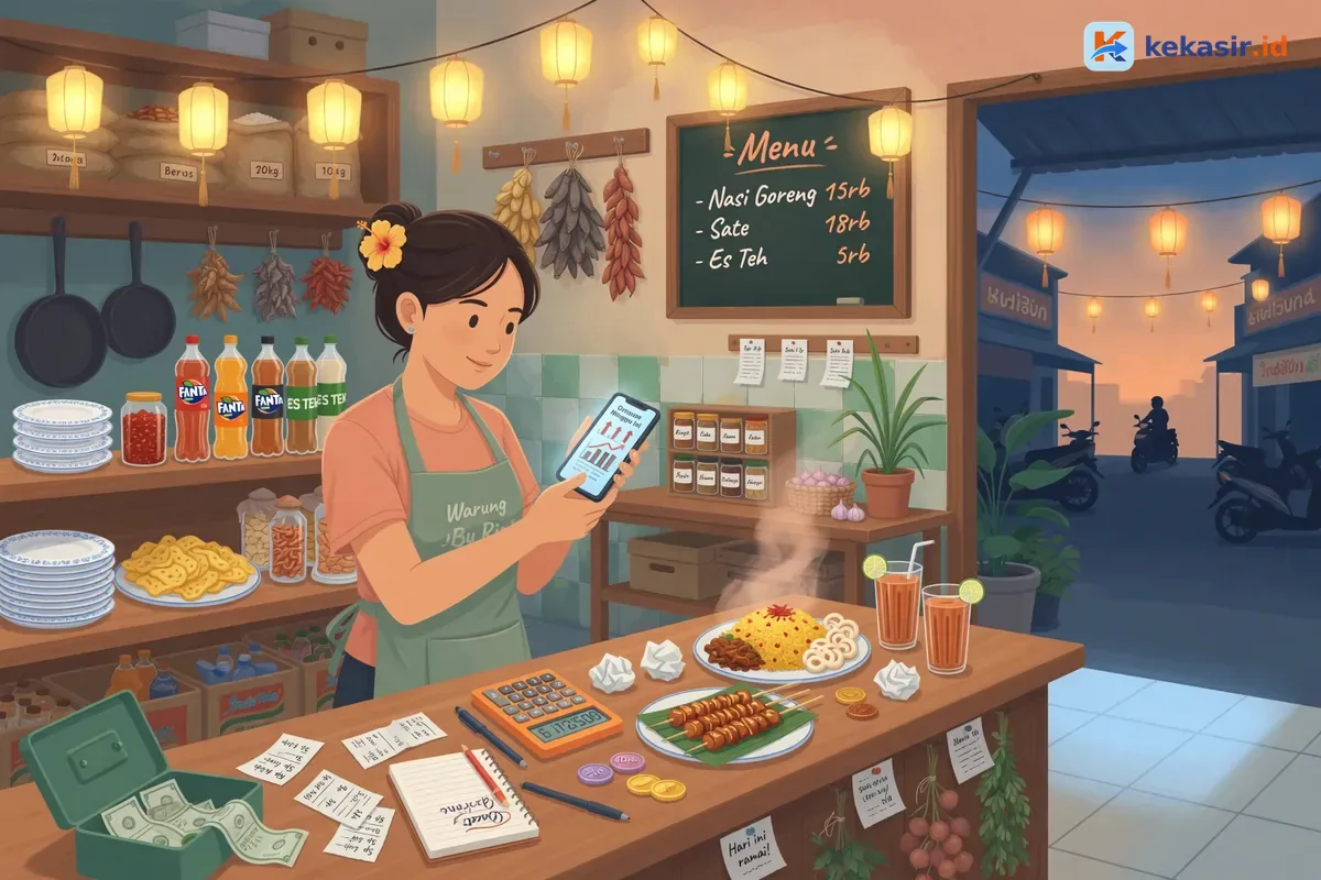 Ilustrasi pedagang kecil rekap omzet mingguan di meja warung dengan nota dan kalkulator