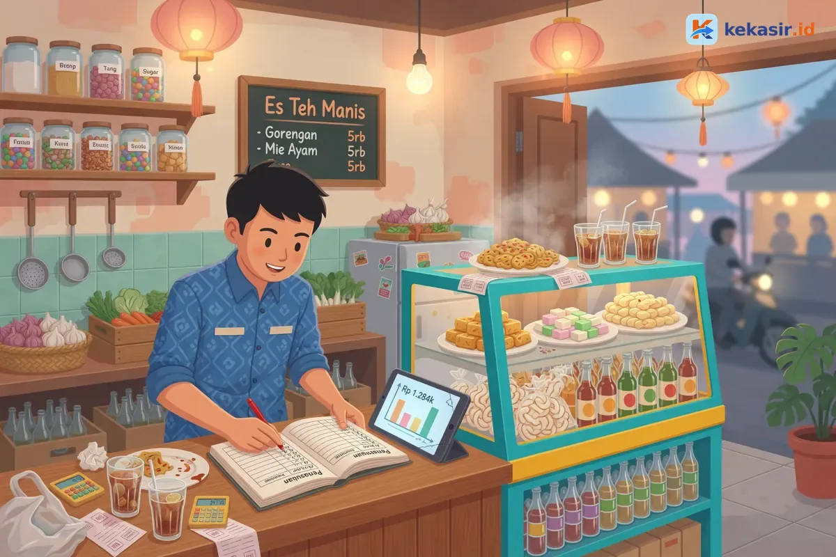 Ilustrasi pemilik warung mencatat penjualan harian di buku kas di samping etalase makanan