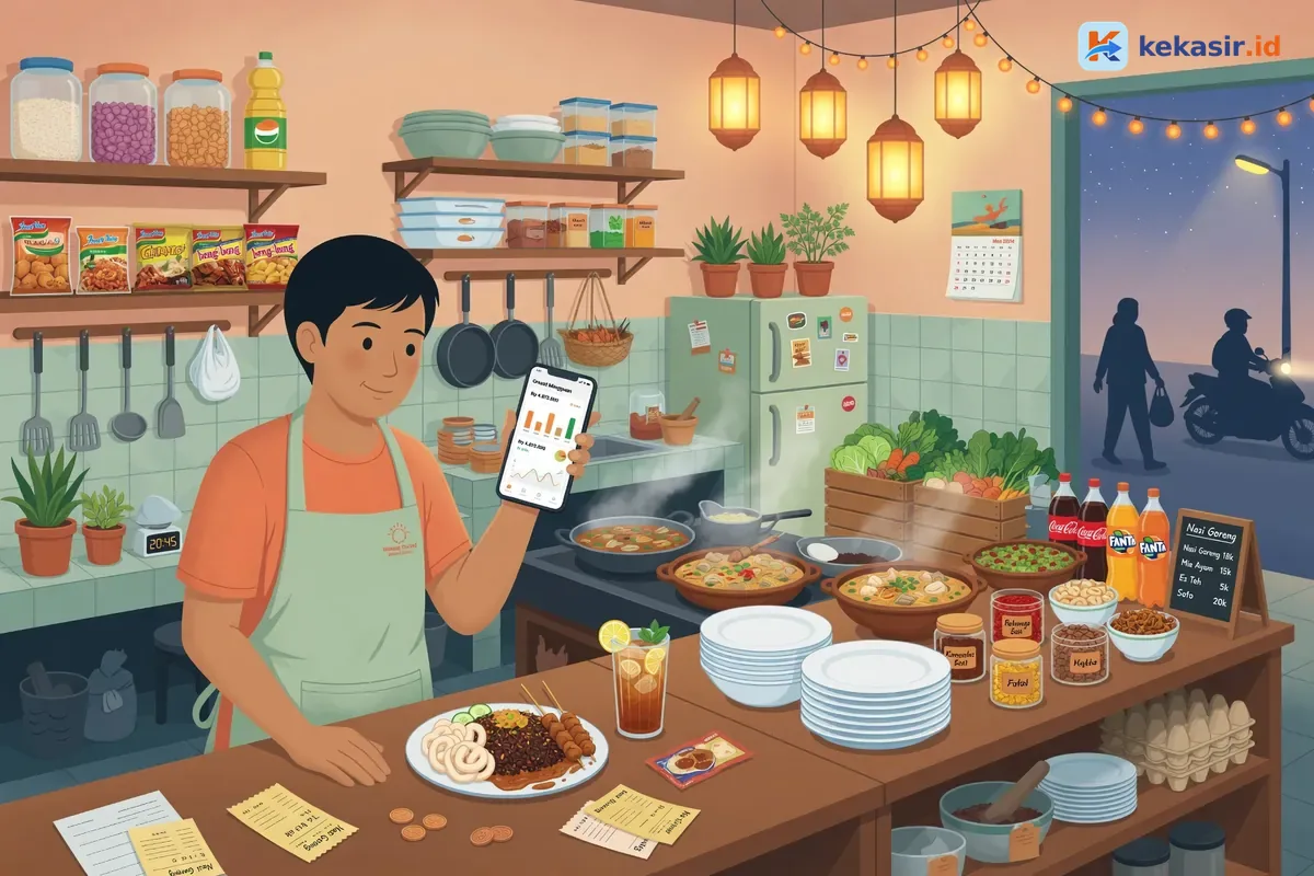 Ilustrasi pedagang melihat ringkasan omzet mingguan di layar HP di depan lapak makan