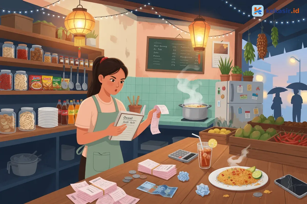 Kasir warung membandingkan buku catatan manual dengan struk penjualan di meja kasir