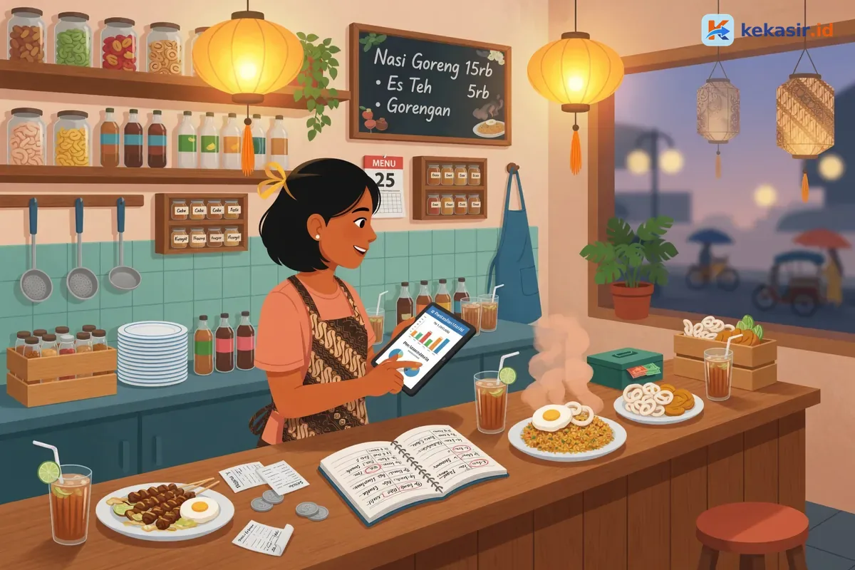 Pemilik cafe melihat laporan omzet harian di tablet sambil meninjau catatan pengeluaran