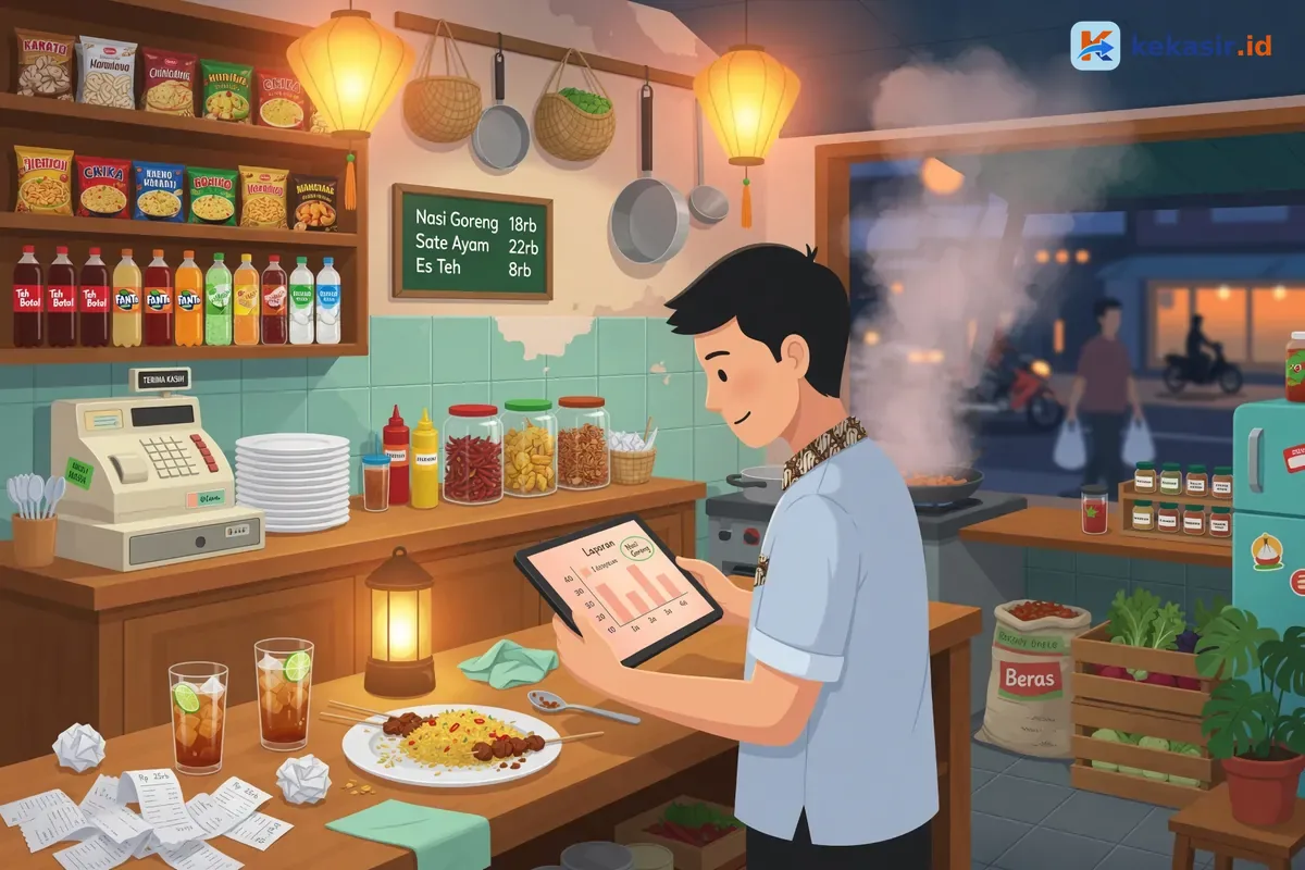 Ilustrasi pemilik restoran memeriksa laporan penjualan di tablet di meja kasir