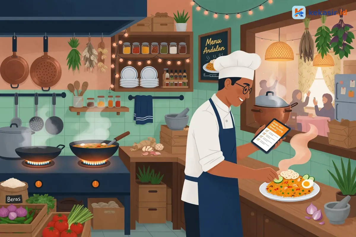 Suasana dapur restoran dengan koki menyiapkan porsi menu andalan di jam ramai