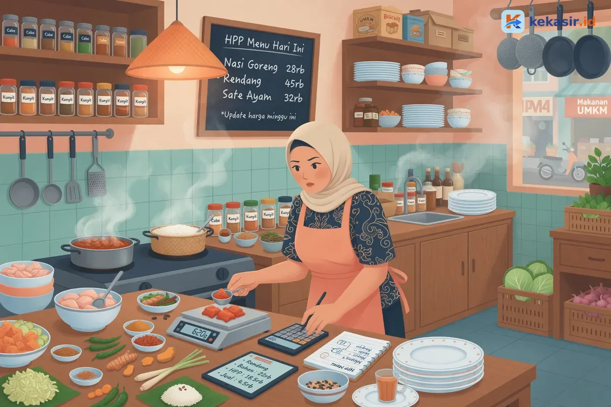 Pemilik restoran mencatat biaya bahan dan margin menu di dapur sambil menimbang porsi