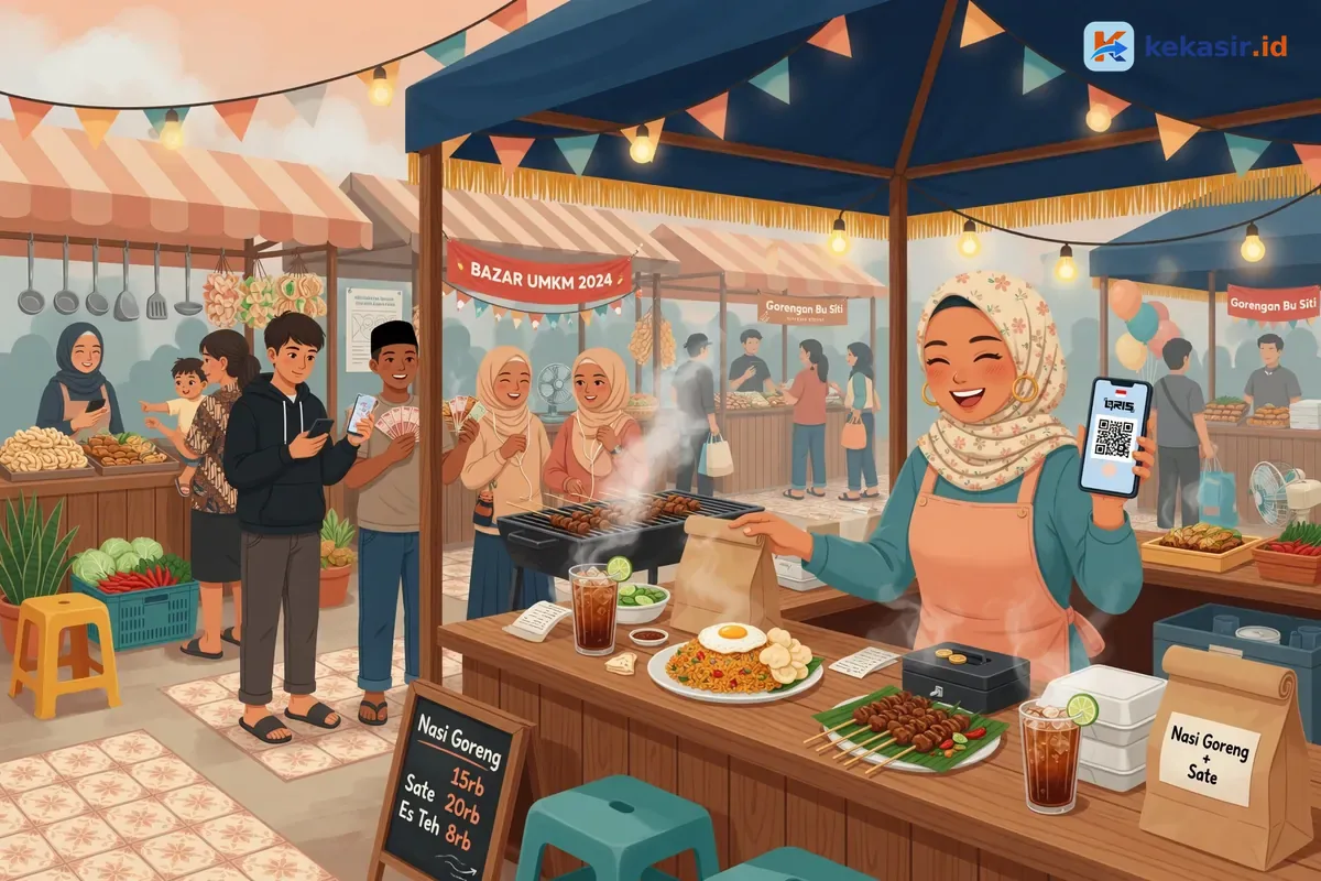 Ilustrasi lapak makanan di event ramai dengan antrian pelanggan dan petugas kasir