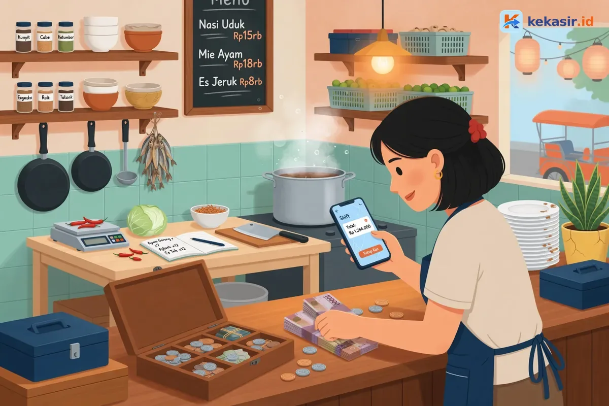 Ilustrasi petugas lapak menghitung uang di kotak kas sambil melihat HP aplikasi kasir
