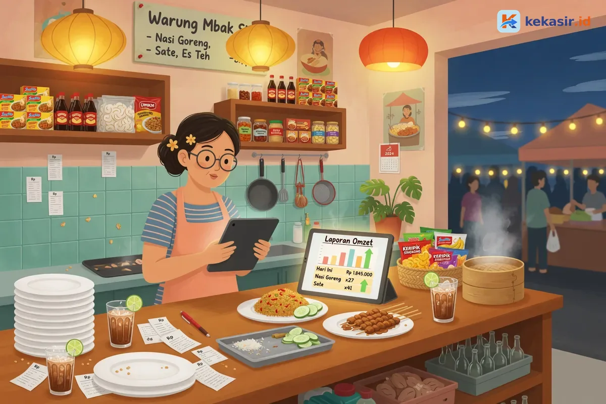 Ilustrasi pemilik usaha melihat rekap omzet di tablet di samping booth makanan event