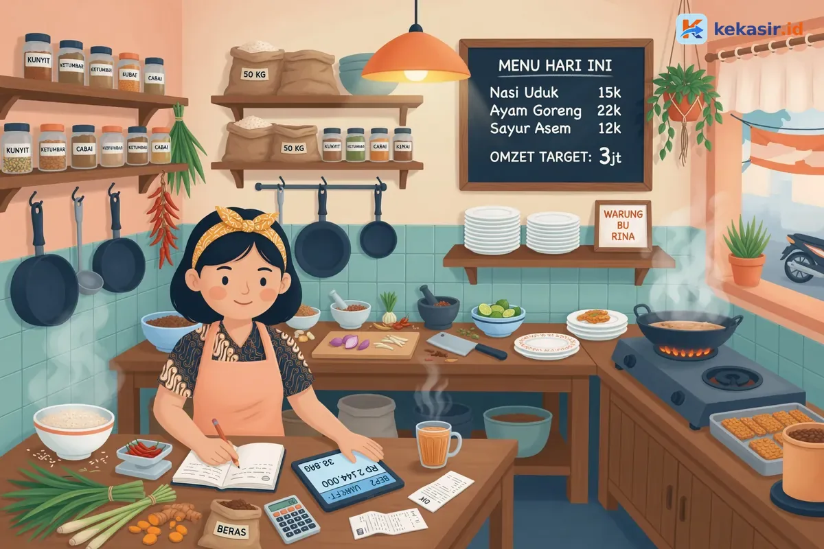 Ilustrasi pemilik restoran kecil mencatat biaya dan omzet di meja kasir