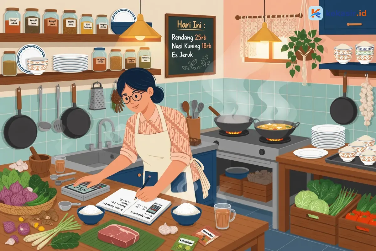Ilustrasi pemilik restoran menghitung HPP bahan di dapur dengan catatan resep