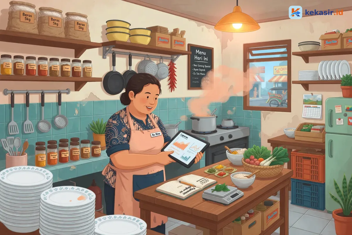 Ilustrasi pemilik restoran memeriksa laporan penjualan di tablet dekat area dapur