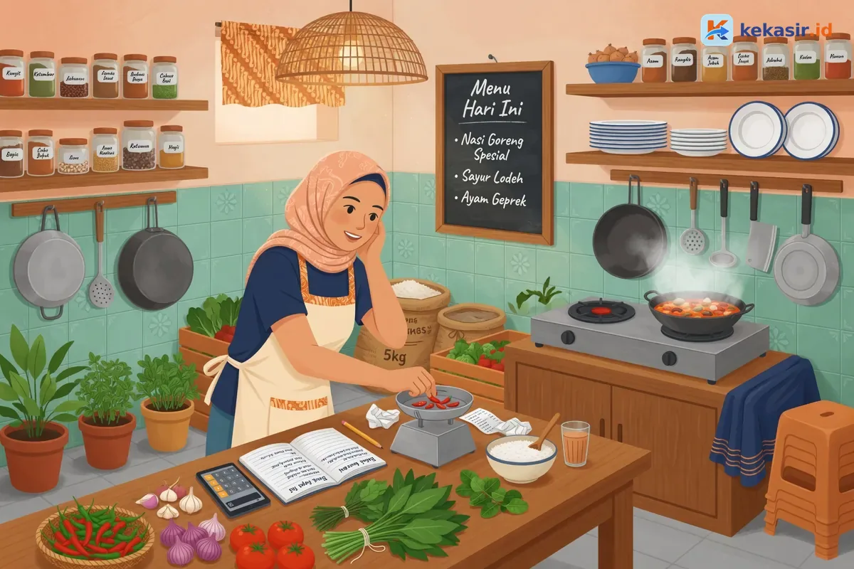 Ilustrasi pemilik warung menghitung bahan di dapur