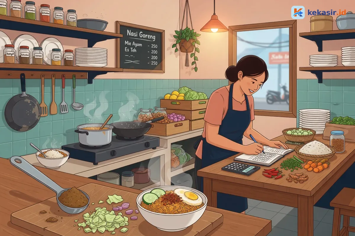 Ilustrasi pemilik warung mencatat resep dan bahan per porsi