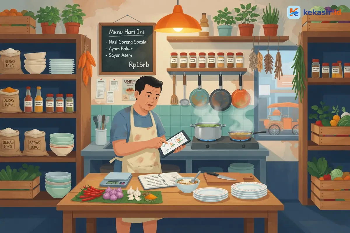 Ilustrasi pemilik warung mengecek laporan penjualan di tablet
