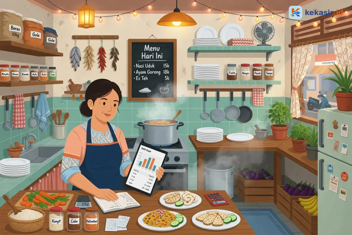 Ilustrasi pemilik usaha kuliner mengecek laporan shift kasir di tablet