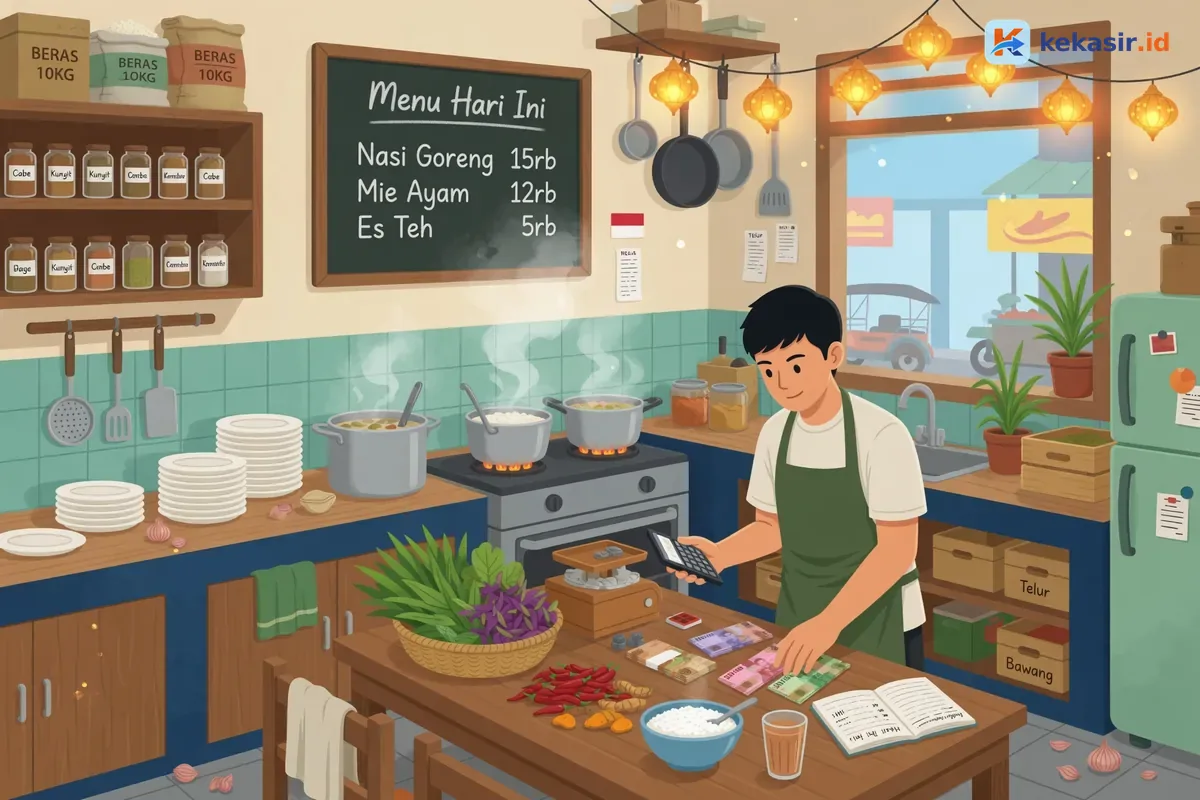 Ilustrasi pemilik warung menghitung pemasukan dan pengeluaran harian di dapur