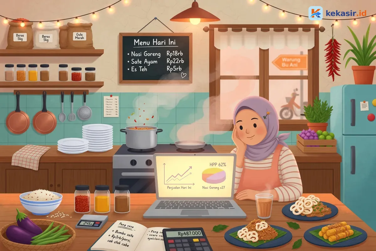 Pemilik usaha kuliner memantau grafik laporan penjualan harian dari layar laptop