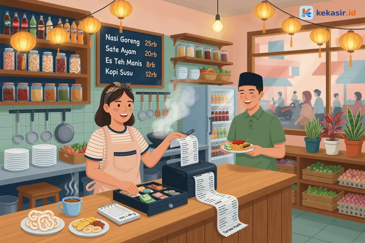 Ilustrasi kasir warung mencetak struk thermal sambil melayani pelanggan