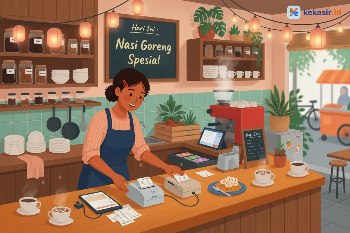 Ilustrasi pemilik cafe membandingkan printer thermal Bluetooth dan USB di meja kasir