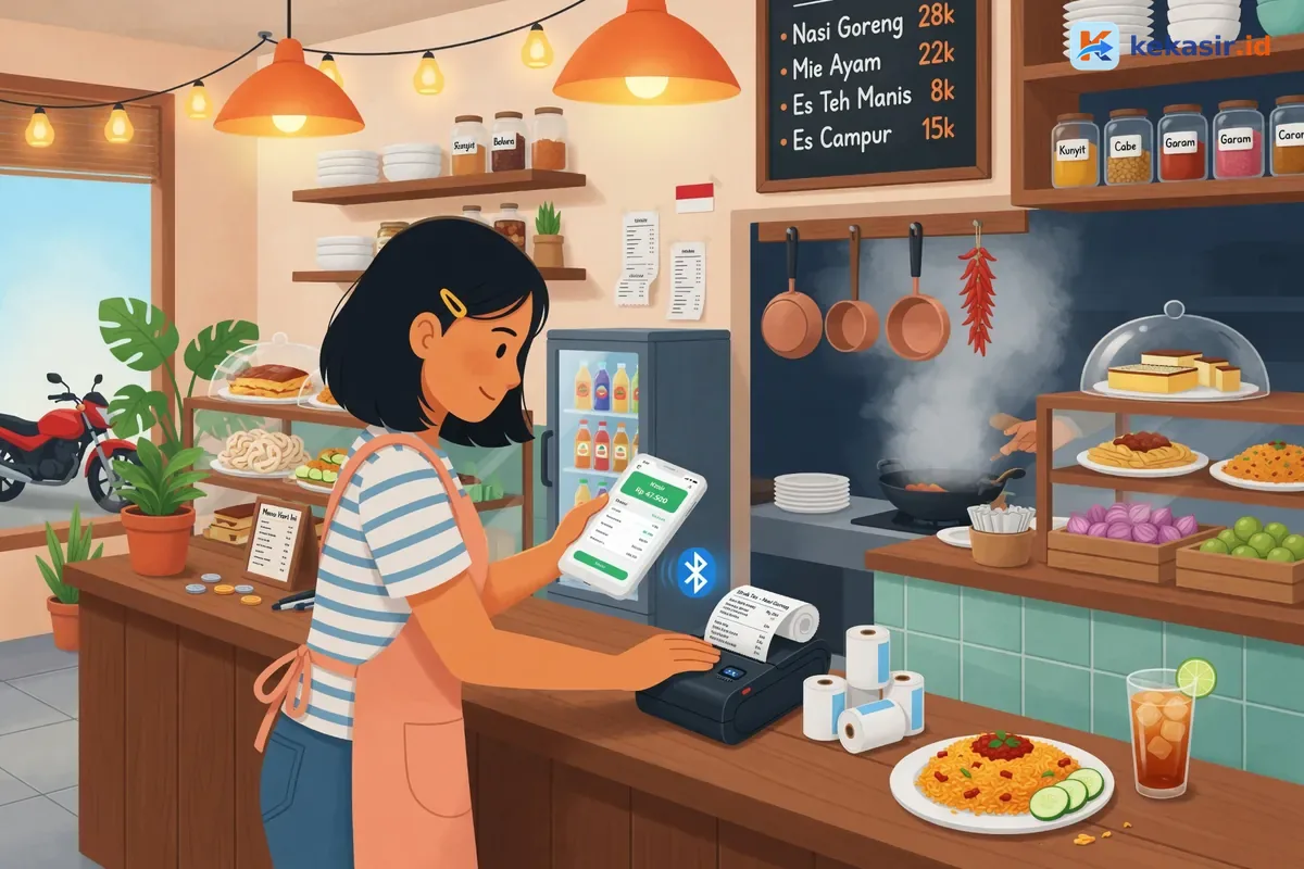 Ilustrasi staf cafe memasangkan printer thermal Bluetooth ke tablet kasir