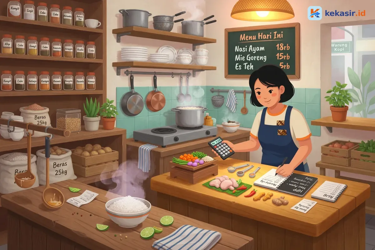 Ilustrasi pemilik cafe mencatat harga bahan dan porsi di dapur