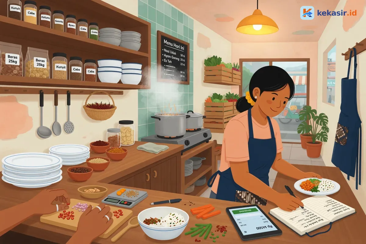 Suasana barista cafe menyusun menu dan hitung biaya di counter