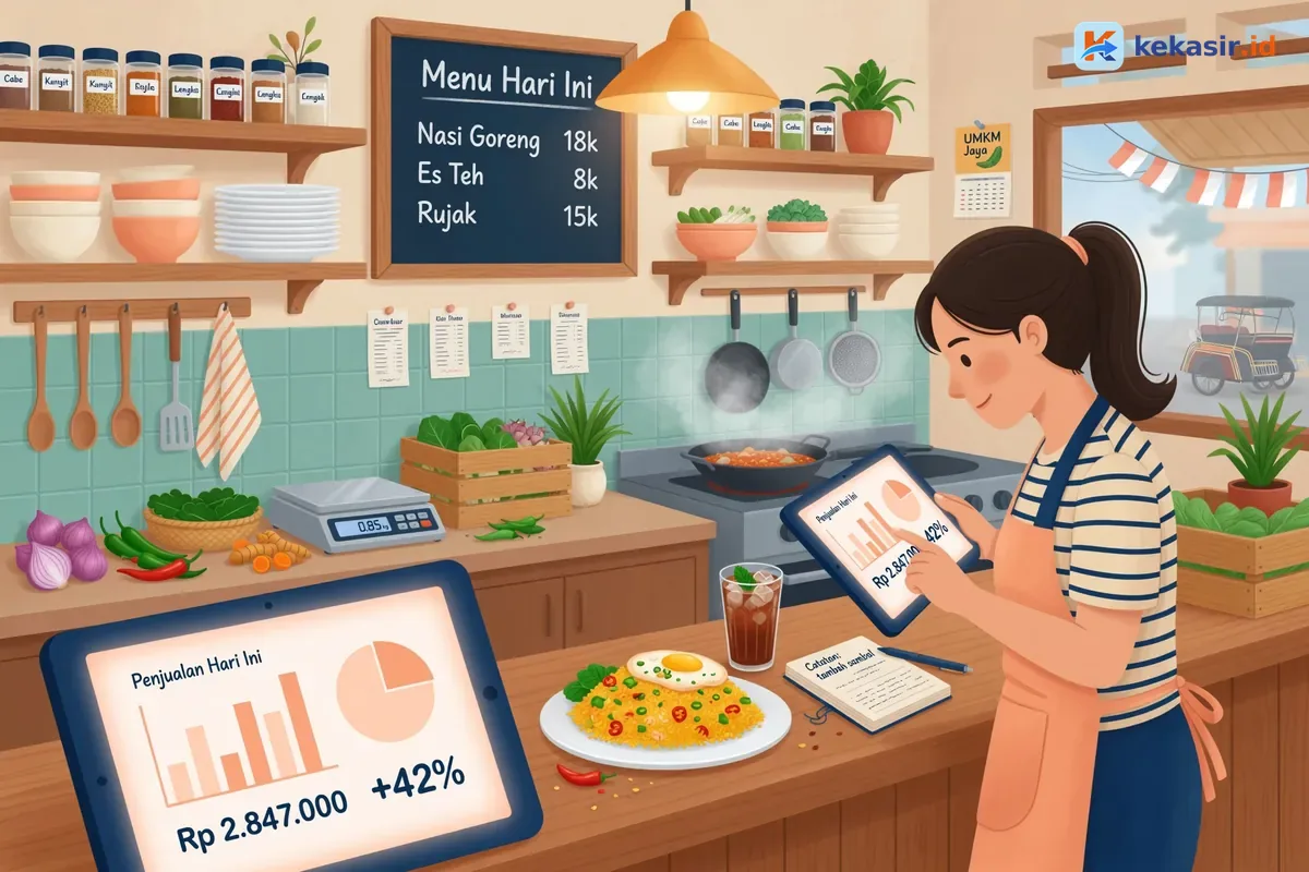 Pemilik cafe melihat laporan penjualan di tablet dekat mesin kasir